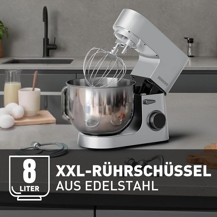 Кухонна машина Heinrichs 2500W з подвійним гаком для тіста, міксером та вінчиком, 8 швидкостей, чаша 8л з нержавіючої сталі, тиха, колір 