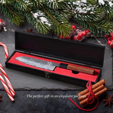 Японський ніж Mitsumoto Sakari Santoku 19 см з високоякісної сталі, ручка з рожевого дерева, подарункова коробка