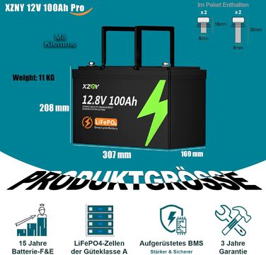 Літієва батарея XZNY 12V 100Ah Mini LiFePO4 зі 100A BMS, для автофургонів, сонячних батарей та автономної мережі (2 упаковки)