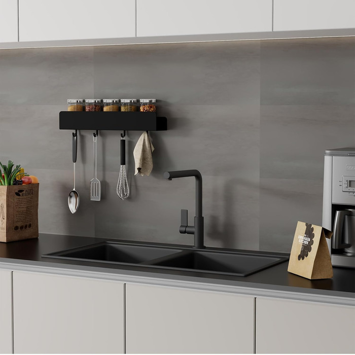 Поличка для душу REKITA без свердління, органайзер для ванної кімнати 40 см, поличка з нержавіючої сталі з 4 знімними гачками, тримач для шампуню для душу, навісна поличка, чорний колір