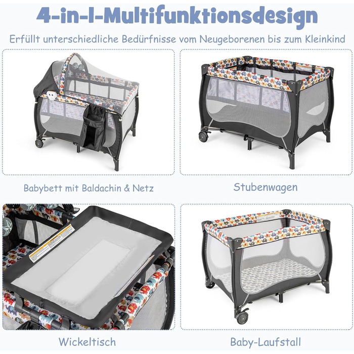 Дитяче ліжко COSTWAY 4 в 1 спальне місце, дорожнє ліжечко, пеленальний столик, ігрова арка, до 36 місяців (різнокольорове)