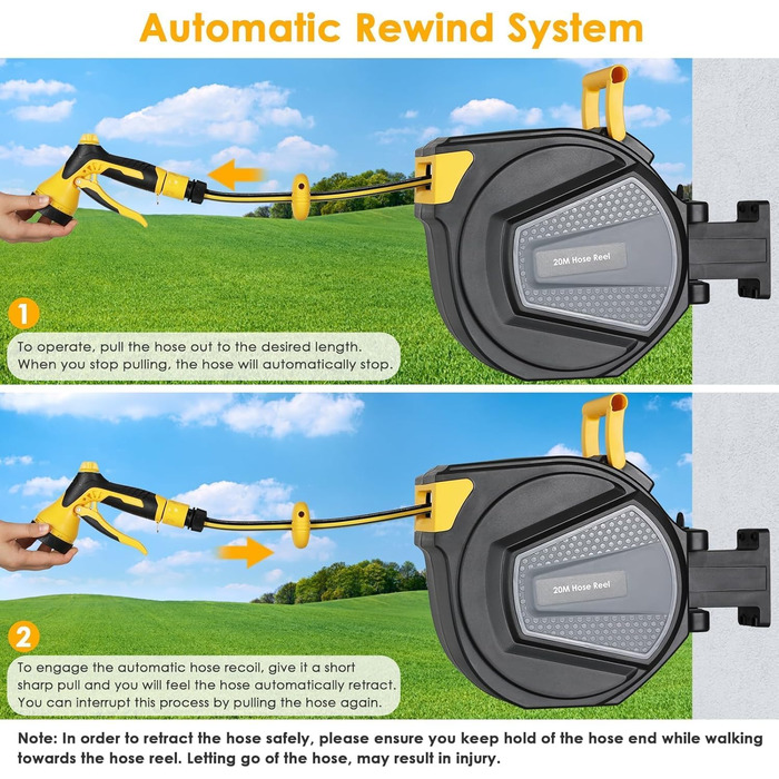 Шланговий барабан з шлангом для саду, настінний, поворотний на 180°, автоматичне змотування, бокс для шланга з ручною лійкою, 9 функцій, для поливу та миття авто (чорно-жовтий, 20 м)