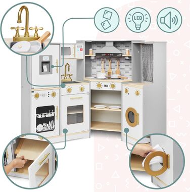 Дитяча дерев'яна кухня Mamabrum XXXL з LED-підсвічуванням та аксесуарами: мікрохвильова піч, посуд, столові прибори. Ігровий набір для дітей 3+