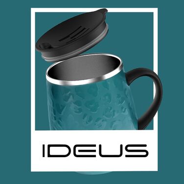 Кружка для кави та чаю Ideus 470 мл з подвійними стінками, нержавіюча сталь, з нековзним ручним тримачем та кришкою-висувним модулем (Трав'яний зелений)