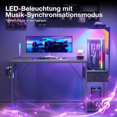 Ігровий стіл Coleshome з LED-підсвічуванням 120x48 см, з шухлядами та полицею, з підставкою для навушників, карбонове покриття чорного кольору