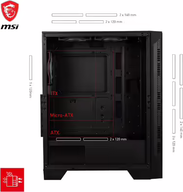 Корпус для ПК MSI MAG Forge 120A Airflow, Mid-Tower, ATX, підтримка RTX 40, Auto-RGB вентилятори, магнітні пилові фільтри, загартоване скло, USB 3.2 Gen1 Typ-A