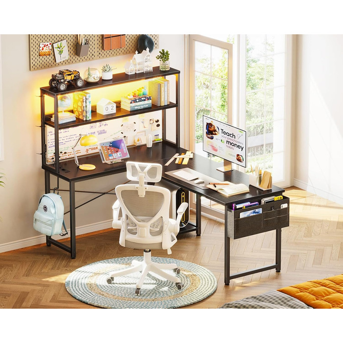 Ігровий стіл Coleshome L-подібної форми з LED підсвічуванням та розетками, 135 × 100 см. Реверсивний стіл з полицями для зберігання, ігровий кутовий стіл з сумкою для дому та геймінгу, чорний (135x100 см)