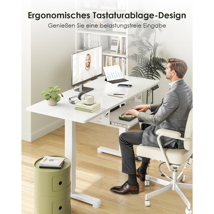 Електричний регульований стіл OffiGo 100x50 см з підставкою для клавіатури, 3 функції пам'яті, білий | Стіл для роботи та навчання