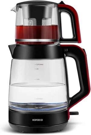 Чайник-заварник Karaca Glass XL 2 в 1 Shiny Black, 0.9л, 2.2л, LED, автоматичний, з обертовою основою