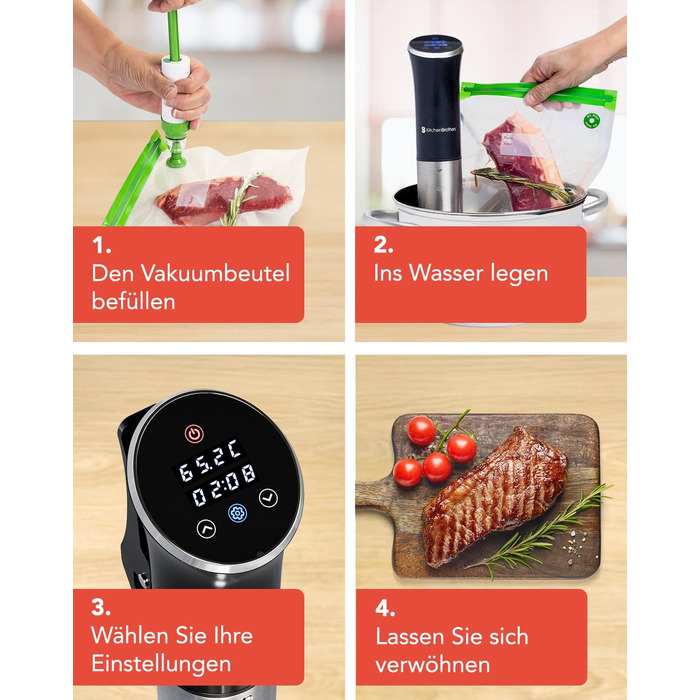 Су-від прилад KitchenBrothers - Су-від стік - Су-від набір - для приготування їжі за технологією су-від - 1200W, чорний, з аксесуарами