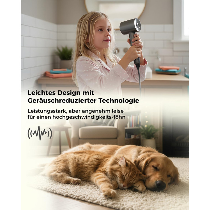 Професійний фен для волосся з дифузором та 5 насадками, іонний, 1600W, безщітковий мотор, низький рівень шуму, сріблясто-сірий