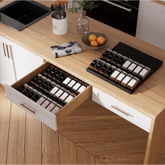 Набір банок для спецій Miorkly з кришками-обертами та полицею [24 x 120 мл] - Органайзер для спецій у ящик, полиця для спецій з банками, сріблястий, 24 шт.