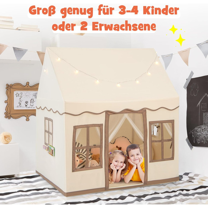 Дитячий намет DREAMADE з гірляндою та килимком, Тіпі, ігровий будиночок з вікнами, для хлопчиків та дівчаток, для дому та вулиці (Бежевий + Кофе)