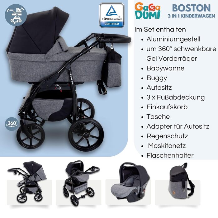 Дитяча коляска GaGaDumi Boston 3 в 1 Комплект з автокріслом - Комбінована коляска з великими колесами, сертифікована TÜV, для новонароджених та малюків, Бежево-чорна B4-Nevada