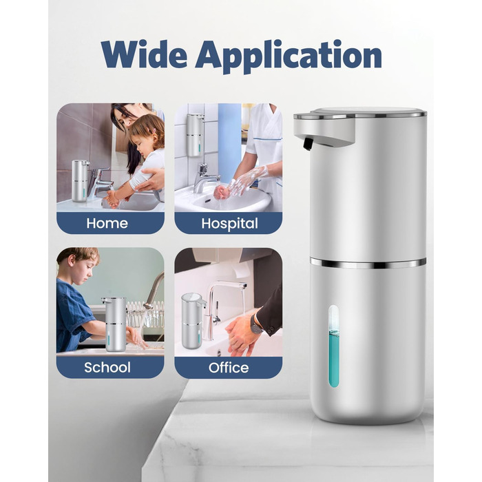 Автоматичний дозатор мила, 380 мл, електричний, з датчиком, USB, водонепроникний IPX5, для кухні, ванної кімнати, школи, готелю (сріблястий, піна)