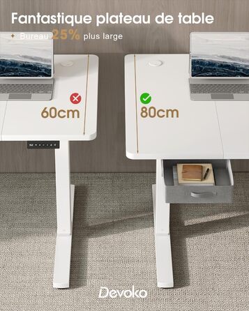 Регульований стіл Devoko з підйомною висотою, 140x80 см, з ящиками, USB-порт, органайзер для кабелів, стоячий стіл з 3 рівнями пам'яті, білий