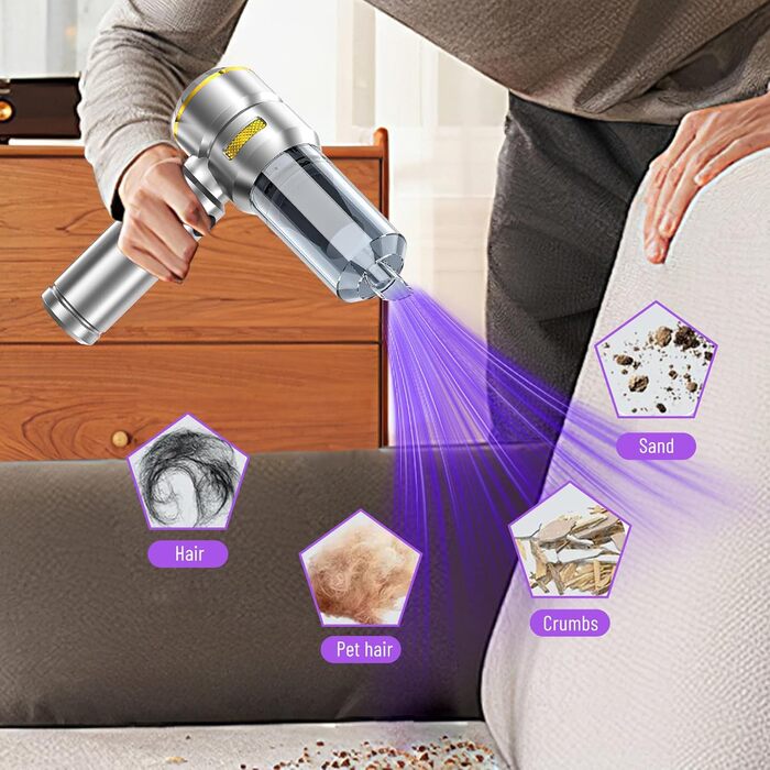 Акумуляторний ручний пилосос 4 в 1 для авто та дому, бездротовий міні-пилосос 22000Па з безщіточковим двигуном, 6000 mAh, електричний обдуватель для прибирання шерсті та пилу (Сріблясто-золотий)