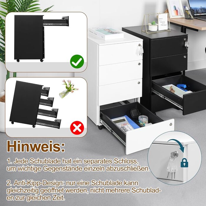 Роликовий контейнер HOMSTEEL з 3 замками, 4 шухлядами, для офісу та дому, білий (44 x 37 x 69.5 см)