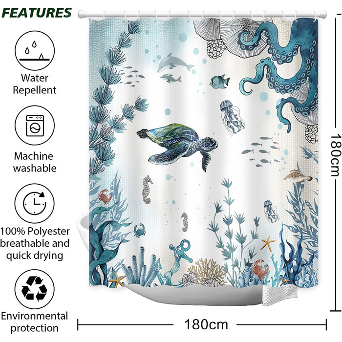 Фіранка для душу з принтом кішки, океану, черепахи, риби, морських зірок, водонепроникна фіранка для ванної, міцний поліестер 180 х 180 см, сучасні аксесуари для прикраси ванної кімнати, 12 кілець для Фіранки для душу (Turtle01, 180x180 см)