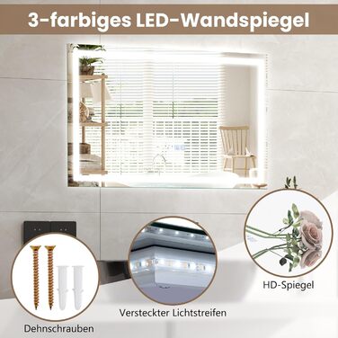 LED дзеркало для ванної кімнати Relax4Life з підсвічуванням, сенсорним вимикачем, протитуманним покриттям, регулюванням яскравості, 3 кольорами світла, індикатором часу та температури (60 x 60 см)