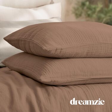 Комплект постільної білизни Dreamzie з мусліну, 135x200 см, 100% бавовна (муслін) – 2 наволочки 80x80 см, 2 наволочки 80x80 см, з блискавкою, сертифікат Oeko-Tex (Мокко, 200x200 см + 2 x 80x80 см)