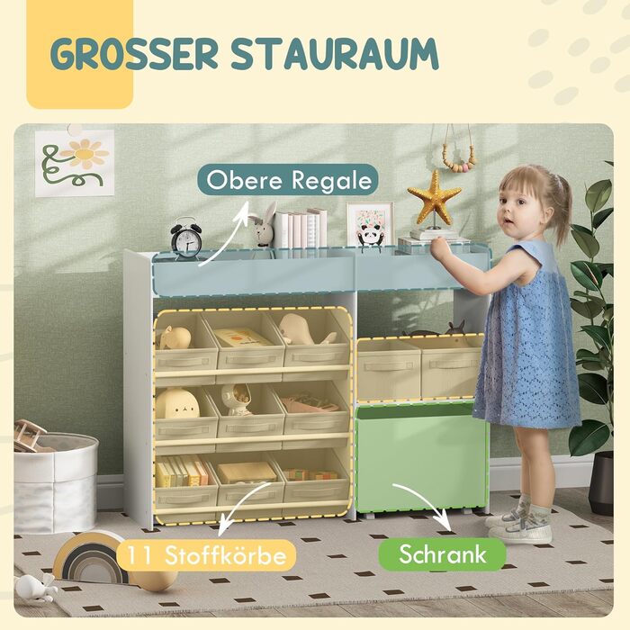 Дитяча полиця AIYAPLAY з 11 ящиками для зберігання, книжкова полиця для дітей, органайзер іграшок, полиця для дитячої кімнати з верхніми секціями, 3 наклейки для дитячої кімнати/садочка, 105 x 30 x 80 см, білий