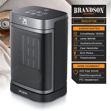 Керамічний обігрівач Brandson з дистанційним керуванням, тихий, енергозберігаючий, з осциляцією, дитячим замком та таймером. Ідеально для ванної, вітальні, офісу та дитячої кімнати. Без Wi-Fi