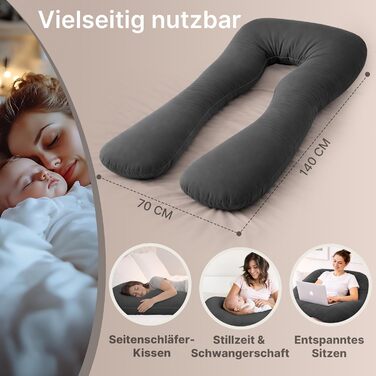 Подушка для вагітних ELONEO NEU для сну на боці, подушка для годування, XXL, антрацит. Комфортна подушка для вагітності, читання, пральна