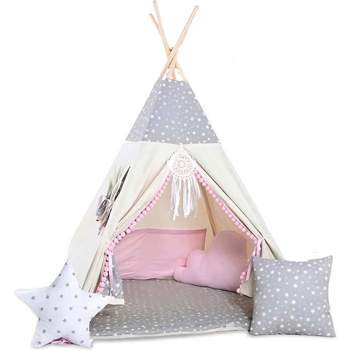 Дитячий намет-тіпі Rainbow Kids: бавовняне полотно, різні кольори та візерунки, з аксесуарами (Вовк, зірка, рожевий)