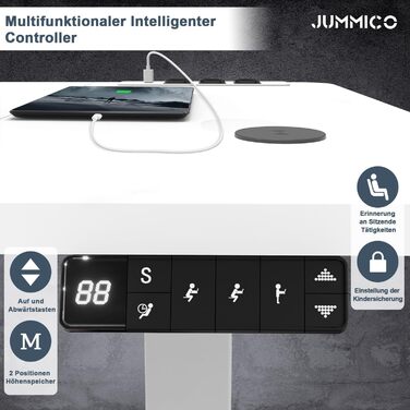 Електричний стіл JUMMICO з регулюванням висоти, бездрожною зарядкою та євро-розеткою USB, 160x80 см (білий)