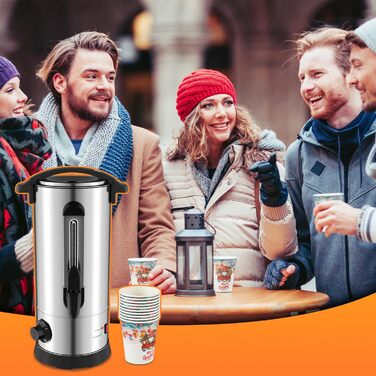 Глювайновий нагрівач з 10 чашками | 1500W, нержавіюча сталь, термостат 30–110°C, функція підігріву та кран | Глювайновий автомат для вечірок (10L, срібний)