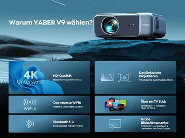 YABER LED проєктор 4K: 1080P Full HD, WiFi6, Bluetooth, автофокус, корекція трапеції. Підтримка PS5, смартфонів, ТВ приставок для домашнього кінотеатру та відпочинку на природі