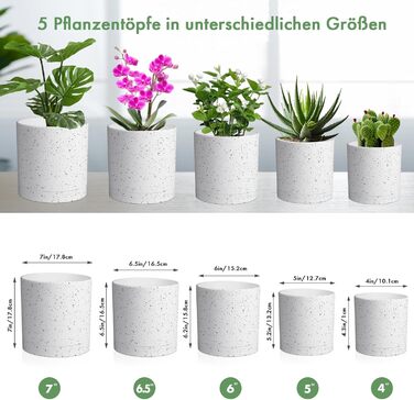 5 шт. Набір горщиків для квітів з підставкою, 17.8/15.2/14/12.7/10.2 см, пластикові горщики для рослин, гідропоніка, набір горщиків для квітів, ідеально підходить для внутрішніх та балконних садів, зелений з коричневим піддоном (7+6+5.5+5+4 дюйми (5 шт), білий спрей)