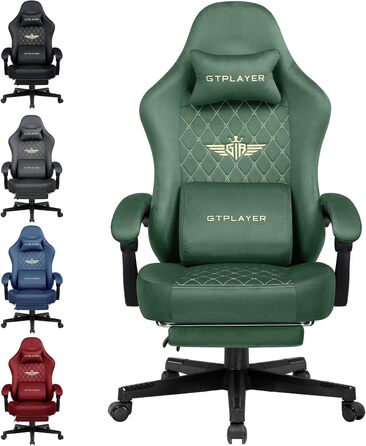 Ігрове крісло GTPLAYER з тканини, ергономічне комп'ютерне крісло для геймерів та офісу, до 150 кг, регульоване, з обертовим механізмом, м'якою подушкою та підніжкою, зелений колір