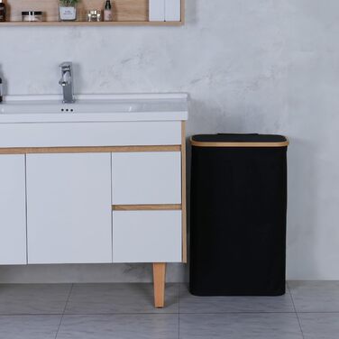 Кошик для білизни Merkisa 60 л з кришкою, високий, тканинний з бамбуковим ручками (чорний)