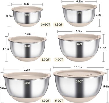 Набір мисок для перемішування (6 шт.) з нержавіючої сталі, набір салатниць з кришкою та силіконовим дном, 3 насадки-тертки, об'єм 4.7л/3.8л/2.8л/1.9л/1.4л/0.6л, неслизькі та стіксові - Хакі