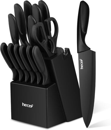 Набір кухонних ножів Hecef 15 предметів з бруском, чорний, з антипригарним покриттям, можна мити в посудомийній машині, самозаточуваний брусок, ергономічні ручки, кухонний набір ножів для початківців та кулінарів-ентузіастів