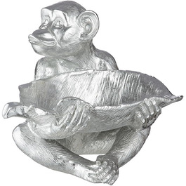 Декоративна фігурка шимпанзе з синтетичної смоли - Декоративна підставка для ключів мавпа з чашею з листям в руках - Колір срібло Висота 30 см