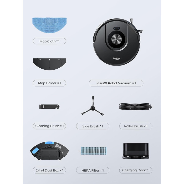 Робот-пилосос Laresar Clean 3-в-1 з функцією миття, 5000Pa, лазерна навігація, 180 хв, для тварин, килимів, твердих підлог, керування через додаток, 15 зон заборони (чорний)