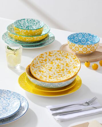 Набір посуду Vancasso Selene для 6 осіб, 24 елементи: тарілки, супові тарілки, миски, десертні тарілки. Пастельне порцелянове покриття, підходить для мікрохвильової печі.