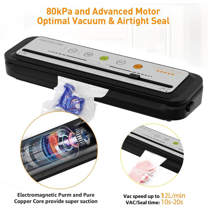 Вакууматор для продуктів Megawise з потужністю 80 кПа, автоматичний вакуумний пакувальник з режимами для сухих та вологих продуктів, сірий (набір з 10 пакетами та різаком)