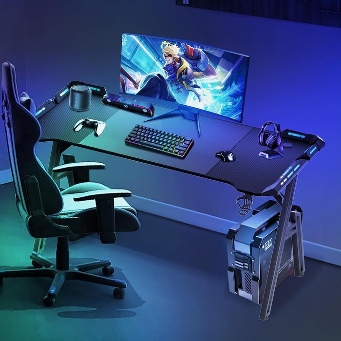 Ігровий стіл 120x60 см, A-Frame, з тримачем для напоїв та гачком для навушників, карбонове покриття, стабільний, ергономічний для дому та офісу, з LED підсвічуванням (140x60 см)