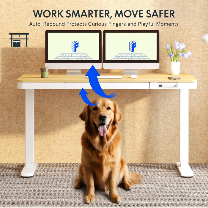 Електричний регульований стіл FLEXISPOT з USB та ящиком, зі скляною стільницею (140x70 см, білий)