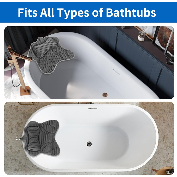 Подушка для ванни 4D сітка з присосками, підтримка шиї, плечей, голови та спини, сіра