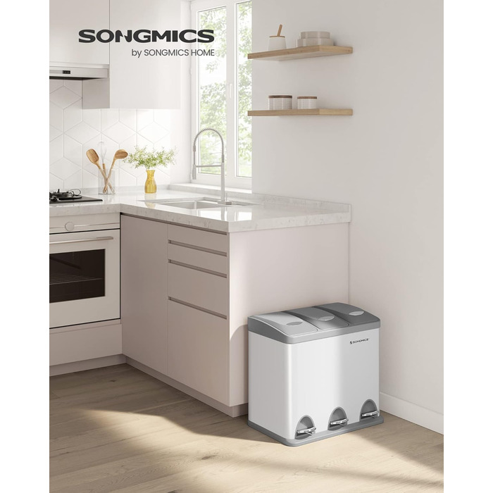 Сортувальний смітник для кухні SONGMICS, 3 x 8 л, стальний педальний бак з кришкою, три секції, біло-сірий, для невеликих сімей