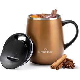 Термокружка Grandties з ручкою та кришкою-ковпачком, 480 мл | З подвійних стінок з нержавіючої сталі, зберігає тепло та холод | Колір: Cognac Metallic