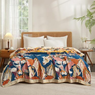 Богемна ковдра Boho Decke 100% бавовна – двостороння муслінова ковдра 150x200 см, м'яка ковдра для дивана та покривало для ліжка, естетичний дизайн, ідеально для вітальні та спальні, помаранчевий/зелений 150 x 200 см, Sommertanz