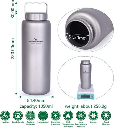 Фляга для води iBasingo 1050 мл, титанова, спортивна, для туризму та кемпінгу, з широким горлом, без витоку, Ti3005D/Ti3006d