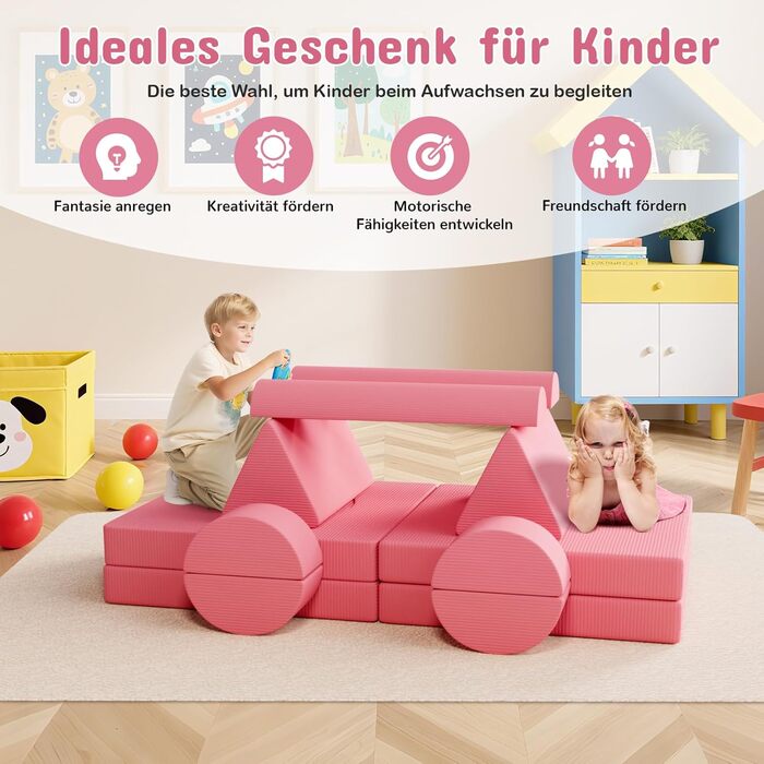 Дитяче ігрове крісло-диван, 15-ти частинний модульний, з сертифікацією Oeko-Tex® 100, з м'якого велюру (рожевий)