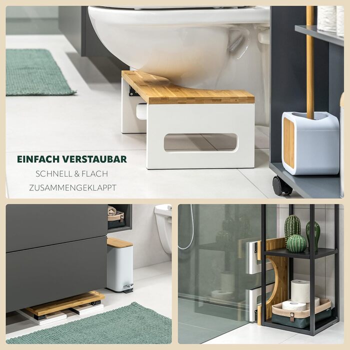 Пуф-стільчик для туалету Eluno з бамбука, білий: складаний, антиковзкий, для дорослих та дітей, полегшує при запорах та здутті